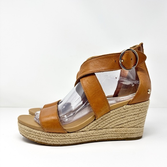 UGG Hylda Leather Wedge Platform Espadrille Sandals Cognac Size 8.5 - Picture 4 of 12